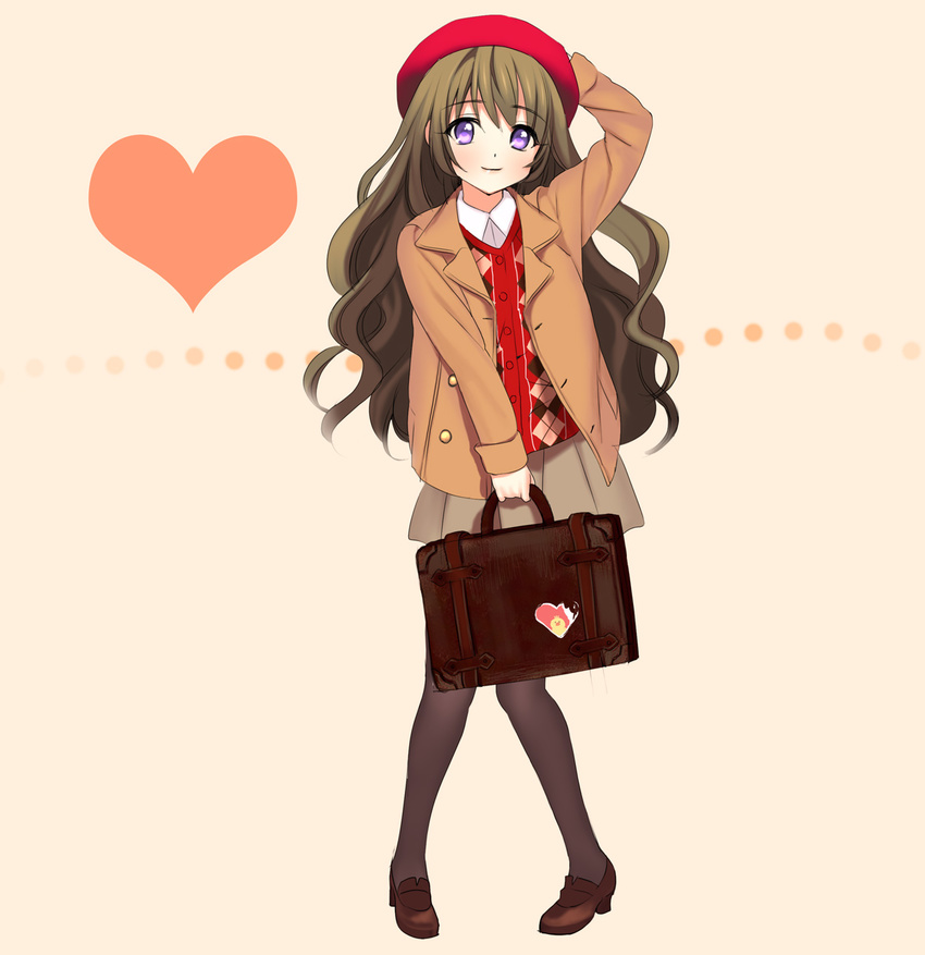 argyle cardigan coat copyright_request heart highres long_hair pantyhose piyodera_mucha purple_eyes simple_background smile solo very_long_hair