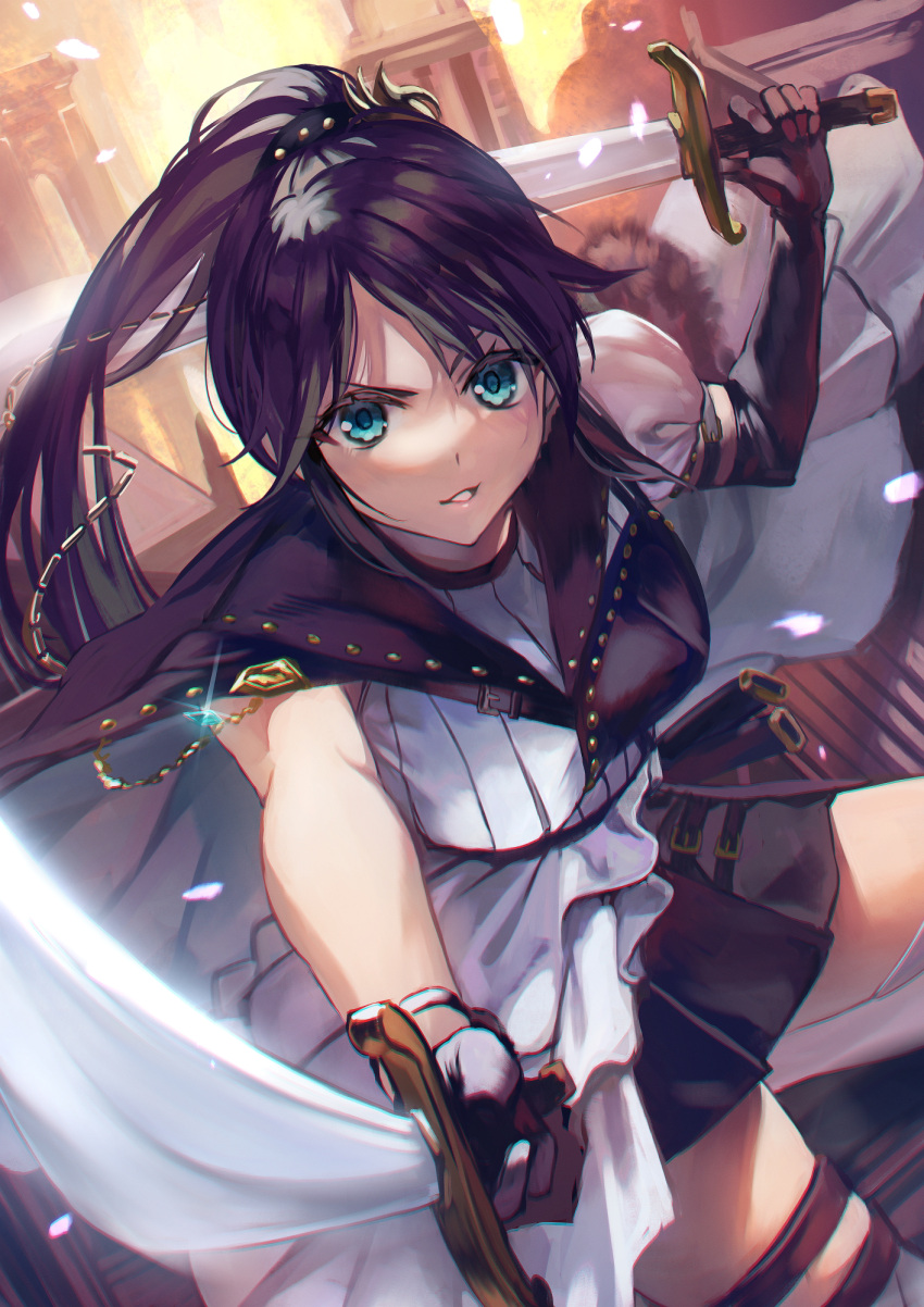 1girl asymmetrical_sleeves black_gloves black_skirt breasts brown_hair chain dress dual_wielding elbow_gloves european_architecture gloves gold_chain green_eyes grin highres holding holding_sword holding_weapon idolmaster idolmaster_shiny_colors large_breasts looking_at_viewer mitsumine_yuika mixed-language_commentary otsudou parted_bangs pleated_dress pleated_skirt ponytail scimitar sheath skirt smile solo sword thigh_strap weapon white_dress