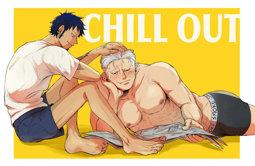 2boys abs bara black_male_underwear blush boxers cheek_bulge couple elbow_rest facial_hair feet_out_of_frame goatee headpat highres holding holding_newspaper large_pectorals long_sideburns male_focus male_underwear mature_male medium_sideburns multiple_boys muscular muscular_male muscular_uke newspaper nipples one_piece pectorals reading scar scar_on_face scar_on_forehead short_hair short_shorts shorts sideburns sideburns_stubble smile smoker_(one_piece) sparse_stubble stitches stubble toitoi_33 topless_male trafalgar_law tsurime underwear white_hair yaoi