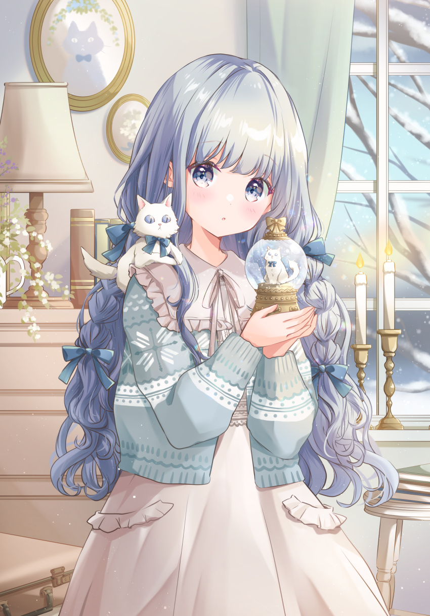 1girl absurdres blue_eyes blue_hair book bow briefcase candlestand cat green_curtains hair_bow highres holding hoshiibara_mato indoors lamp looking_at_viewer original painting_(object) snow_globe solo winter