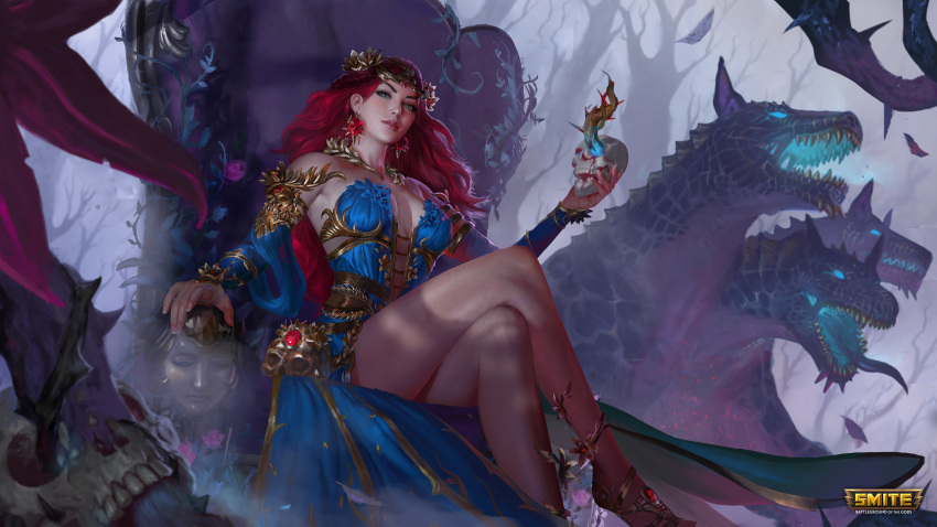 1girl absurdres blue_dress blue_sleeves breasts cerberus_(smite) copyright_name crossed_legs detached_sleeves dress earrings green_eyes highres holding holding_skull jaggudada jewelry logo looking_at_viewer medium_breasts official_alternate_costume open_mouth persephone_(smite) persephone_(smite)_(mastery) red_hair sitting skull smite solo