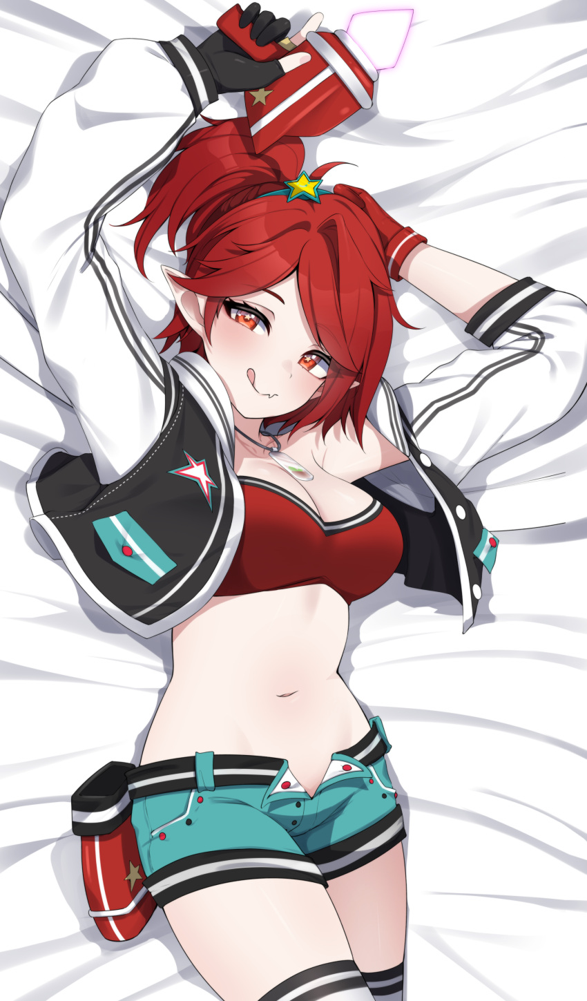 1girl :q absurdres ahoge aqua_shorts arm_behind_head asymmetrical_gloves black_gloves black_jacket bra breasts cleavage collarbone cropped_jacket dakimakura_(medium) dog_tags fang gloves gun hair_ornament highres hinabobina_(vtuber) holding holding_gun holding_weapon indie_virtual_youtuber jacket lying mismatched_gloves multicolored_clothes multicolored_jacket navel on_back open_clothes open_fly open_jacket partially_fingerless_gloves pointy_ears ponytail red_bra red_eyes red_gloves red_hair shorts skin_fang solo star-shaped_pupils star_(symbol) star_hair_ornament symbol-shaped_pupils thighhighs tongue tongue_out toy_gun underwear valefal_coneri vgen_commission virtual_youtuber weapon white_thighhighs