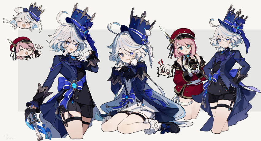 3girls absurdres ahoge arlecchino_(genshin_impact) ascot asymmetrical_gloves black_ascot black_gloves black_hair blue_ascot blue_brooch blue_eyes blue_gemstone blue_hair blue_headwear blue_jacket cabbie_hat camera charlotte_(genshin_impact) chibi chibi_inset commentary_request cowlick detached_sleeves drop-shaped_pupils furina_(genshin_impact) gem genshin_impact gloves hair_between_eyes hat heterochromia highres holding holding_camera hydro_symbol_(genshin_impact) jacket kodona light_blue_hair lolita_fashion long_hair long_sleeves looking_at_viewer merry-san mismatched_gloves mismatched_pupils monocle multicolored_hair multiple_girls multiple_views open_mouth pink_hair puffy_detached_sleeves puffy_sleeves red_headwear red_sleeves short_hair shorts sitting smile splendor_of_tranquil_waters_(genshin_impact) streaked_hair symbol-shaped_pupils top_hat vision_(genshin_impact) wariza white_gloves white_hair white_shorts white_trim_bow x-shaped_pupils