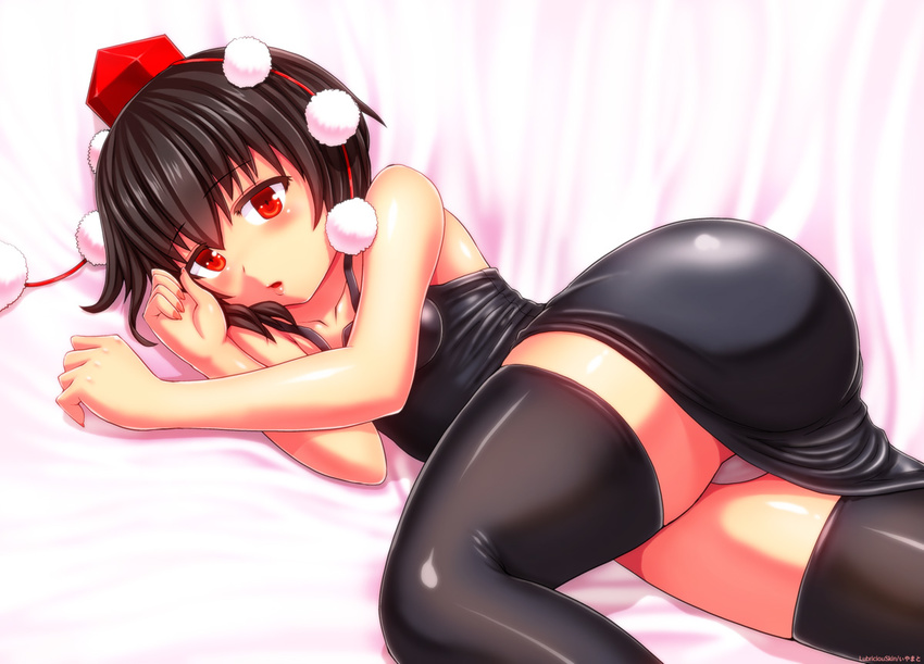 ass black_dress black_hair black_legwear blush dress hat hat_ribbon iyamato looking_at_viewer lying making_of on_side open_mouth panties pantyshot pantyshot_(lying) red_eyes ribbon shameimaru_aya short_dress short_hair solo thighhighs tokin_hat touhou underwear upskirt white_panties