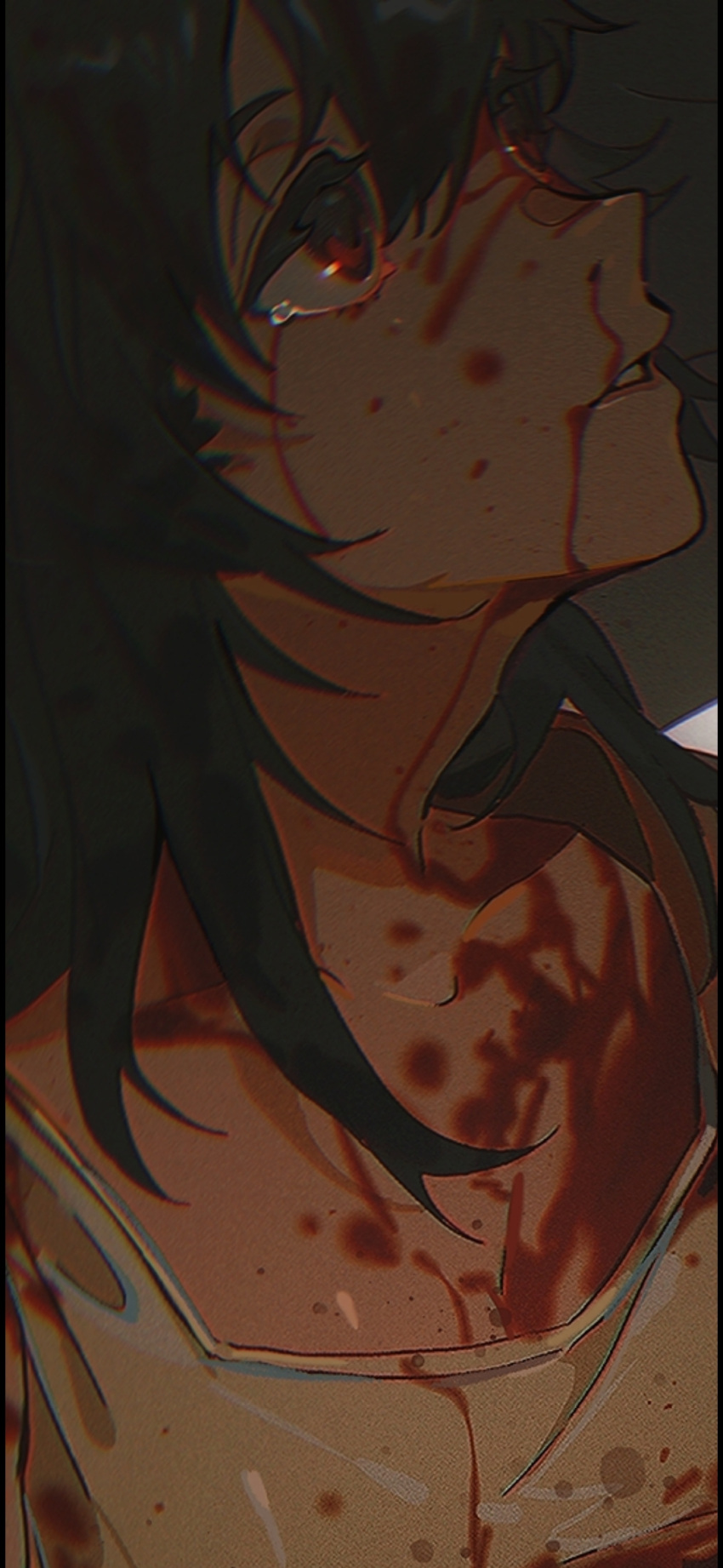 1girl black_hair blood blood_on_chest blood_on_clothes blood_on_face blood_splatter collarbone grey_background highres looking_ahead medium_hair parted_lips raging_loop red_eyes riko-m serizawa_chiemi shirt solo tearing_up upper_body white_shirt