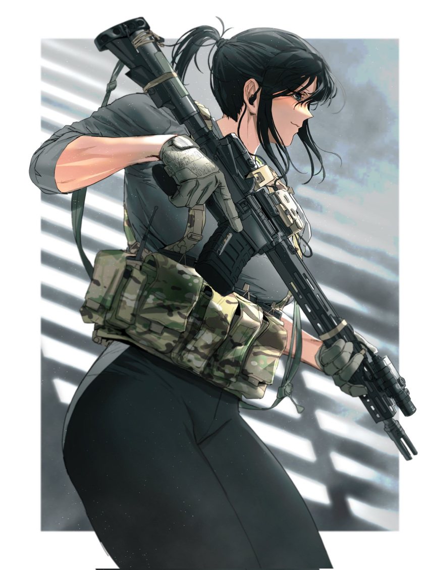 1girl ammunition_pouch ar-15 black_eyes black_hair earphones flashlight gun highres looking_to_the_side maxturbo69 optical_sight original pants ponytail pouch rifle short_sleeves smile solo walkie-talkie weapon