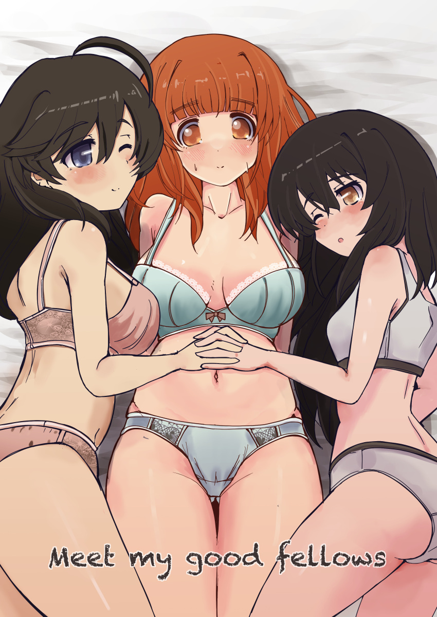 3girls absurdres ahoge ass_visible_through_thighs back bed_sheet black_hair blue_bra blue_eyes blue_panties blunt_bangs blush bow bow_bra bra breasts brown_eyes closed_mouth commentary_request crotch_seam english_text from_above frown girl_sandwich girls_und_panzer grey_panties grey_sports_bra hairband highres holding_hands interlocked_fingers isuzu_hana lace-trimmed_bra lace_trim long_hair looking_at_viewer lying makura_ken medium_breasts multiple_girls navel on_back on_bed on_side one_eye_closed open_mouth orange_eyes orange_hair panties pink_bra pink_panties reizei_mako sandwiched smile sports_bra sports_panties sweatdrop takebe_saori thigh_gap underwear underwear_only white_hairband