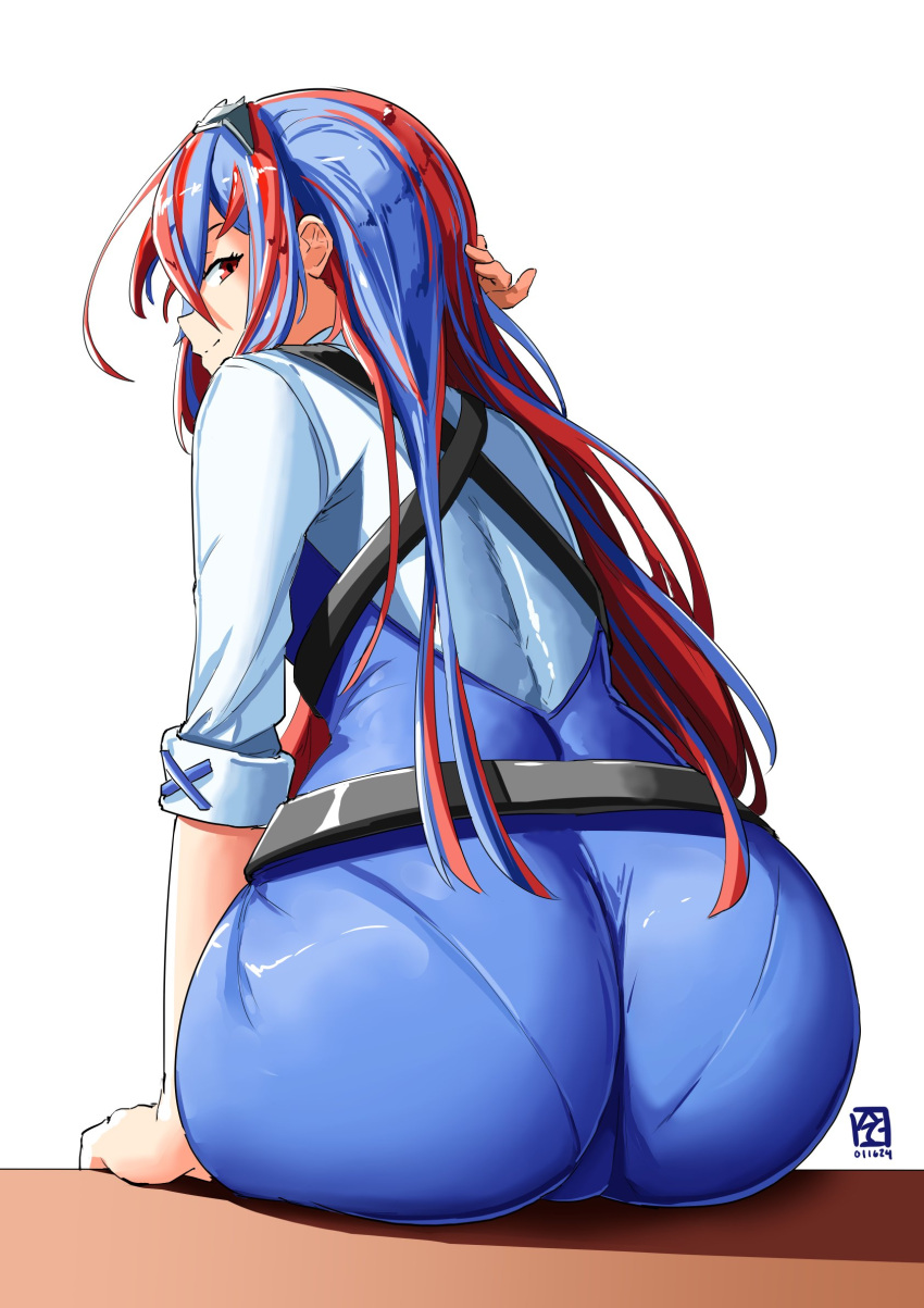 alear_(female)_(divine_attire)_(fire_emblem) alear_(female)_(fire_emblem) alear_(fire_emblem) ass ass_focus automatic_giraffe back blue_hair close-up fire_emblem fire_emblem_engage from_behind highres huge_ass long_hair looking_at_viewer looking_back multicolored_hair official_alternate_costume pantylines red_eyes red_hair split-color_hair tiara tight_clothes two-tone_hair very_long_hair