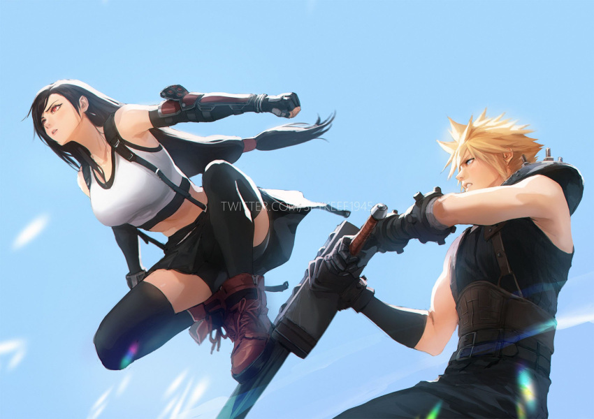 1boy 1girl armor bare_shoulders bike_shorts bike_shorts_under_skirt black_gloves black_hair black_shorts black_skirt black_thighhighs blonde_hair blue_eyes breasts buster_sword cloud_strife commentary crop_top earrings elbow_gloves english_commentary fighting fighting_stance final_fantasy final_fantasy_vii final_fantasy_vii_rebirth final_fantasy_vii_remake fingerless_gloves gloves highres holding holding_sword holding_weapon huge_weapon jewelry large_breasts long_hair looking_at_another low-tied_long_hair midriff outdoors parted_lips red_eyes red_footwear shorts shorts_under_skirt shoulder_armor single_arm_guard single_bare_shoulder single_earring skirt sleeveless sleeveless_turtleneck spiked_hair spykeee standing_on_sword suspender_skirt suspenders sweater sword tank_top teamwork thighhighs tifa_lockhart turtleneck turtleneck_sweater weapon white_tank_top