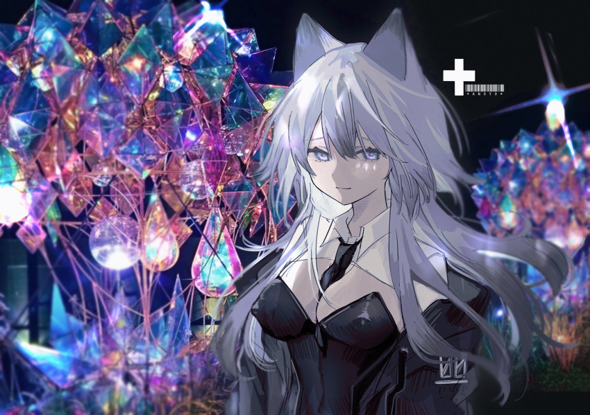 1girl animal_ears anoyo_(anoyode0) between_breasts black_jacket black_necktie breasts cat_ears cleavage collar grey_eyes grey_hair highres jacket leotard necktie necktie_between_breasts open_clothes open_jacket original solo