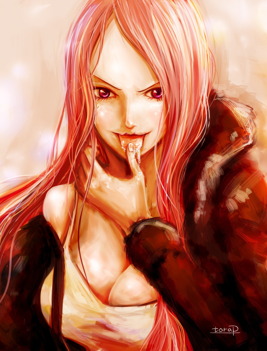 1girl artist_name bad_id bad_pixiv_id highres jewelry_bonney licking licking_finger licking_own_finger long_hair one_piece pink_hair smile solo tongue tongue_out torapunch