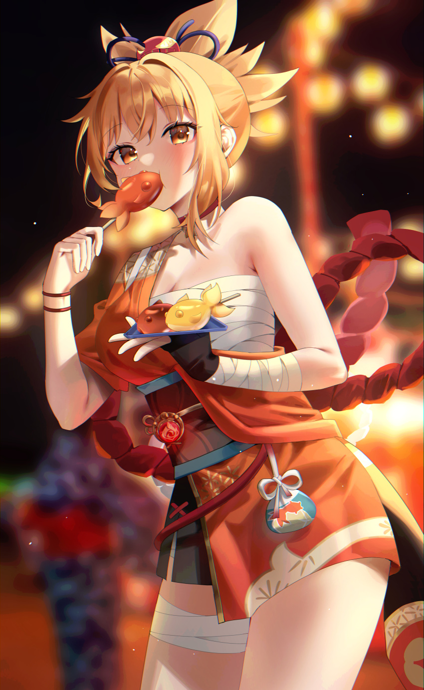 1girl absurdres bandaged_leg bandages black_sash blonde_hair chest_sarashi commentary_request cowboy_shot educk food genshin_impact highres holding holding_food japanese_clothes kimono looking_at_viewer obi orange_kimono ponytail sarashi sash short_hair short_kimono sidelocks single_bare_shoulder solo standing thighs wrist_wrap yellow_eyes yoimiya_(genshin_impact)