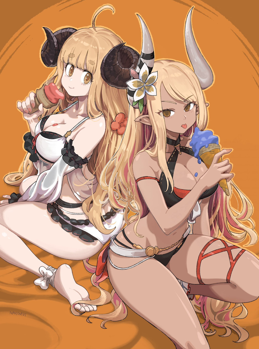 2girls ahoge anila_(granblue_fantasy) anila_(summer)_(granblue_fantasy) ass blonde_hair breasts cleavage dark-skinned_female dark_skin draph eating flower granblue_fantasy hair_flower hair_ornament highres horns ice_cream_cone jun_(navigavi) kumbhira_(granblue_fantasy) kumbhira_(summer)_(granblue_fantasy) large_breasts long_hair multiple_girls sheep_horns swimsuit thick_eyebrows thighs