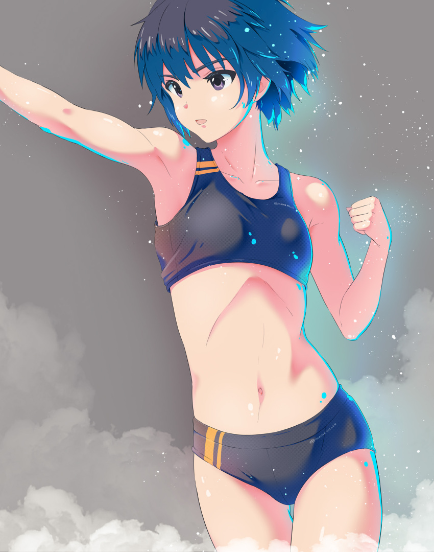 1girl black_buruma black_hair black_sports_bra breasts buruma cosplay costume_switch gradient_hair grey_background grey_eyes highres idolmaster idolmaster_(classic) idolmaster_2 kikuchi_makoto midriff miraihaima multicolored_hair short_hair small_breasts solo sports_bikini sports_bra sweat