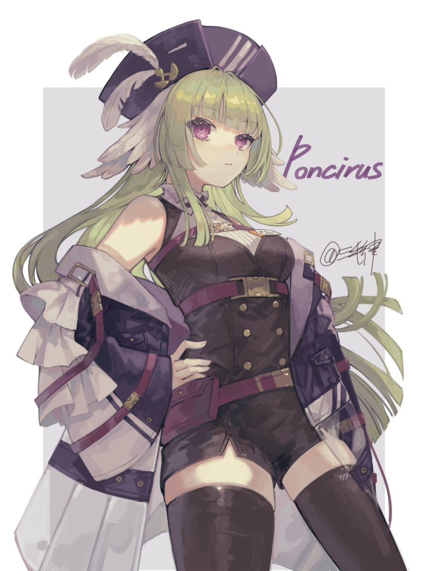 1girl absurdres arknights bare_shoulders belt black_footwear black_shirt black_thighhighs blunt_ends border breasts character_name coat commentary feather_hair green_hair grey_background hand_on_own_hip hat_feather highres light_frown long_hair looking_at_viewer medium_breasts miike_(992058) multicolored_coat multiple_belts off_shoulder poncirus_(arknights) purple_coat purple_eyes purple_headwear shirt signature simple_background sleeveless sleeveless_shirt solo thighhighs two-tone_coat white_background white_coat