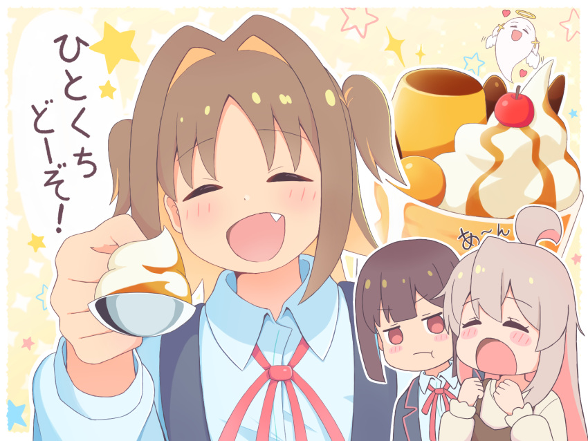 4girls :d :o :t ^_^ ahoge blunt_bangs blush_stickers brown_hair cherry chibi chibi_inset closed_eyes colored_inner_hair commentary facing_viewer fang feeding food fruit giving_up_the_ghost hair_intakes heart highres himejoshi holding holding_spoon hozuki_momiji jitome k-d long_hair long_sleeves multicolored_hair multiple_girls murosaki_miyo neck_ribbon oka_asahi onii-chan_wa_oshimai! open_mouth orange_hair outline oyama_mahiro parfait parted_bangs pink_hair pout red_ribbon ribbon school_uniform shirt short_hair smile sparkle spoon star_(symbol) suspenders translated two-tone_hair two_side_up white_outline white_shirt wing_collar