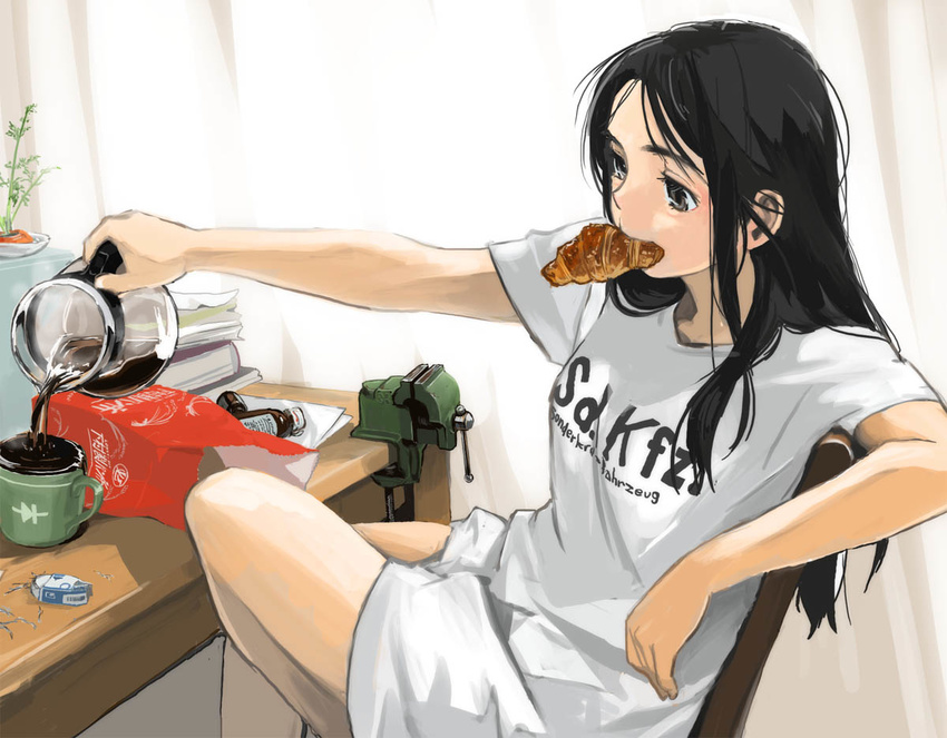 akai_sashimi black_eyes black_hair carrot chair coffee croissant crossed_legs cup curtains eraser food kettle long_hair md5_mismatch mouth_hold mug original shirt sitting solo t-shirt table vise