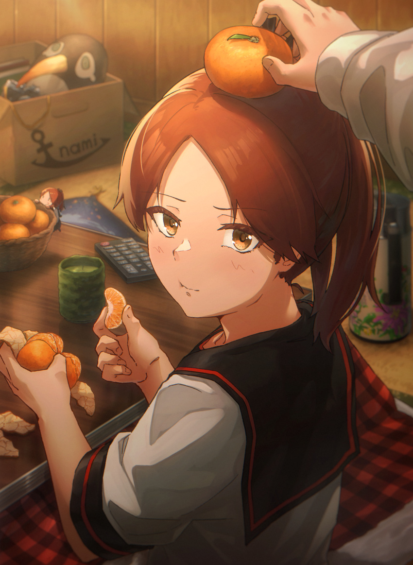 1other 2girls blush brown_eyes brown_hair closed_mouth controller failure_penguin fairy_(kancolle) food food_on_head fruit fruit_on_head highres holding holding_food holding_fruit i-coat indoors kantai_collection kotatsu mandarin_orange multiple_girls object_on_head ponytail remote_control school_uniform serafuku shikinami_(kancolle) shikinami_kai_ni_(kancolle) short_hair short_sleeves table