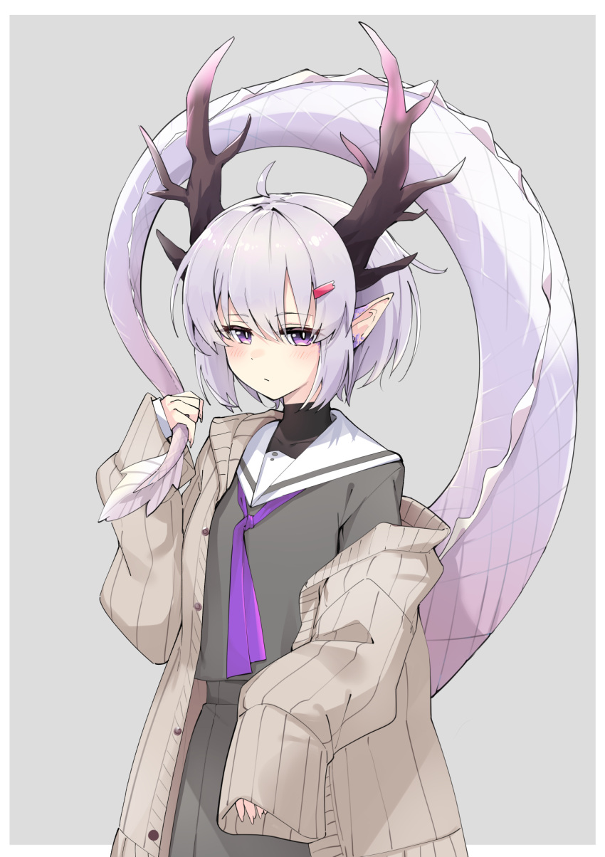 1girl a.i._voice blush border cardigan closed_mouth dragon_horns dragon_tail fingernails grey_cardigan grey_serafuku grey_skirt highres horns long_sleeves neckerchief pleated_skirt pointy_ears purple_eyes purple_hair purple_neckerchief sailor_collar school_uniform serafuku short_hair skirt solo tail voiceroid white_border white_sailor_collar yuzuki_yukari yuzuki_yukari_(shizuku) zooanime