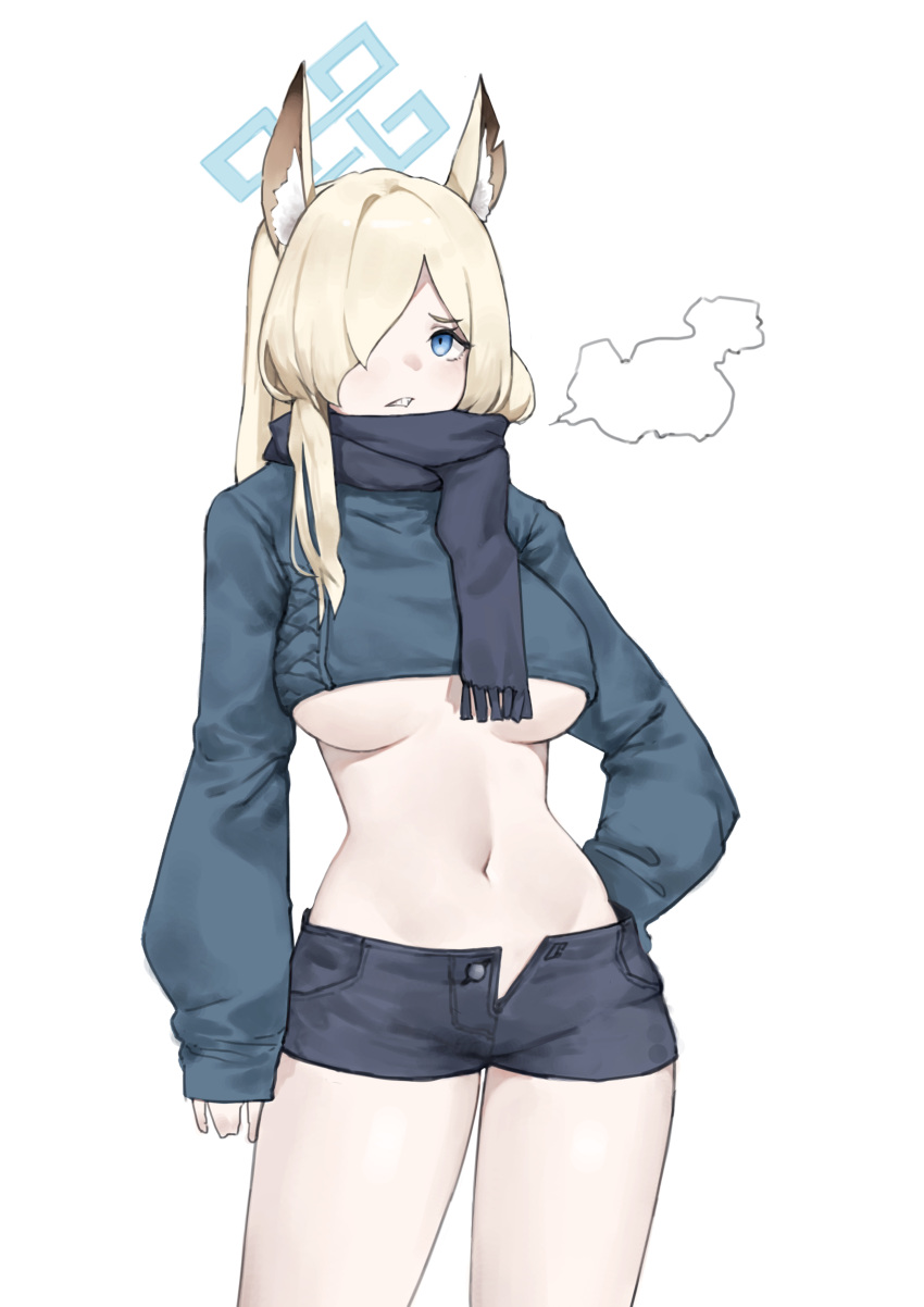 1girl absurdres alternate_costume animal_ear_fluff animal_ears blonde_hair blue_archive blue_eyes blush breasts breath casual coteri cowboy_shot crop_top cropped_sweater denim denim_shorts dog_ears hair_over_one_eye halo hand_on_own_hip highres kanna_(blue_archive) large_breasts long_sleeves looking_at_viewer micro_shorts midriff navel notched_ear open_fly scarf sharp_teeth shorts simple_background sleeves_past_wrists solo standing stomach sweater teeth white_background