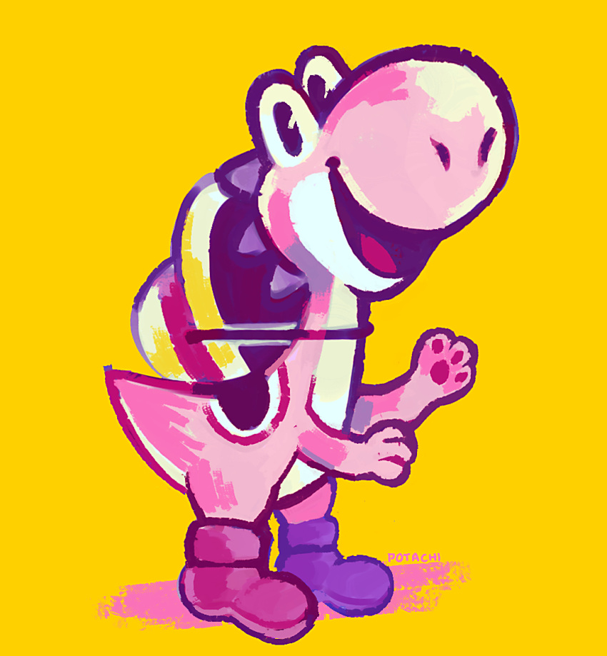 ambiguous_gender anthro biped clothing countershade_face countershade_tail countershade_torso countershading hat headgear headwear mario_bros nintendo open_mouth open_smile pink_body pink_yoshi potachi simple_background smile solo tail yellow_background yoshi