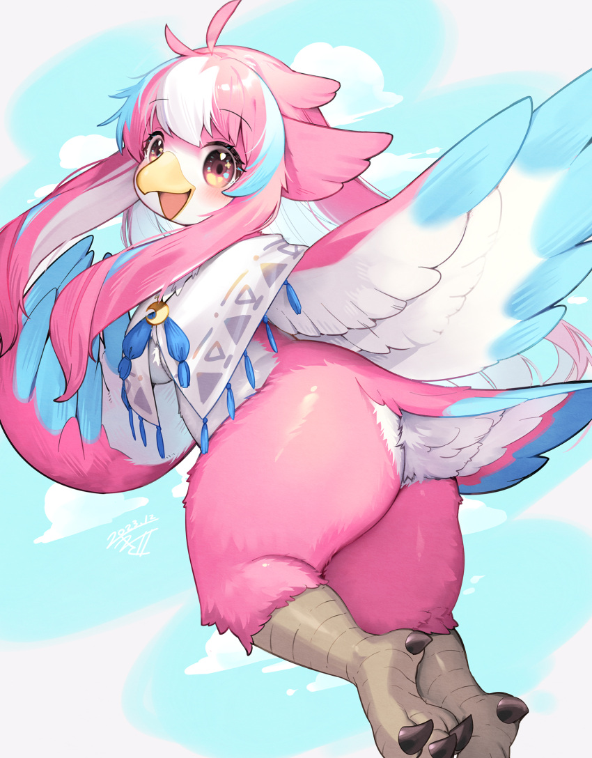 1girl antenna_hair ass beak bird_girl bird_legs bird_tail blue_hair blue_sky blush breasts capelet crescent dated feathers flying furry furry_female highres jewelry kishibe long_hair looking_at_viewer looking_back medium_breasts multicolored_hair naked_capelet necklace open_mouth original pink_eyes pink_hair sidelocks signature sky solo tail thighs white_capelet white_hair winged_arms wings