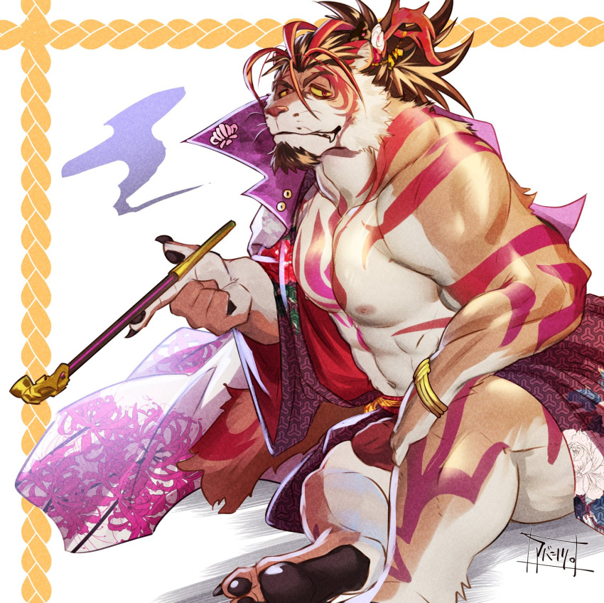 1boy abashiri_(abasirisippo) abs bara barefoot bonsho_(crave_saga) bulge claws colored_sclera commentary_request crave_saga facial_hair fang fang_out furry furry_male goatee highres holding holding_smoking_pipe japanese_clothes looking_at_viewer male_focus muscular muscular_male pawpads pectorals red_eyes signature smoking_pipe yellow_sclera