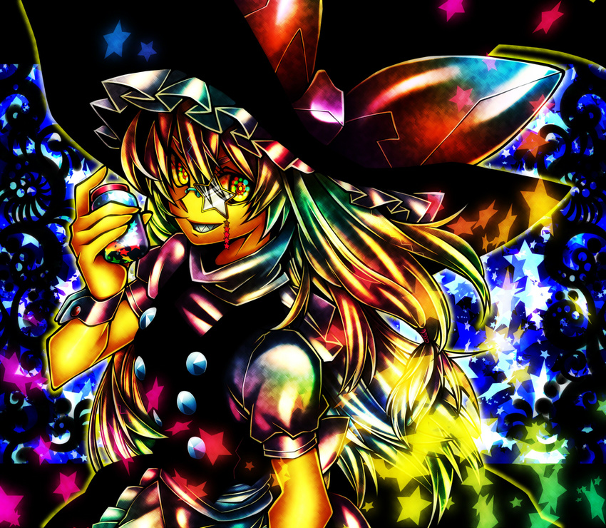 1girl abstract abstracty colorful female hat highres kirisame_marisa monocle ninomae ribbon solo star touhou witch witch_hat