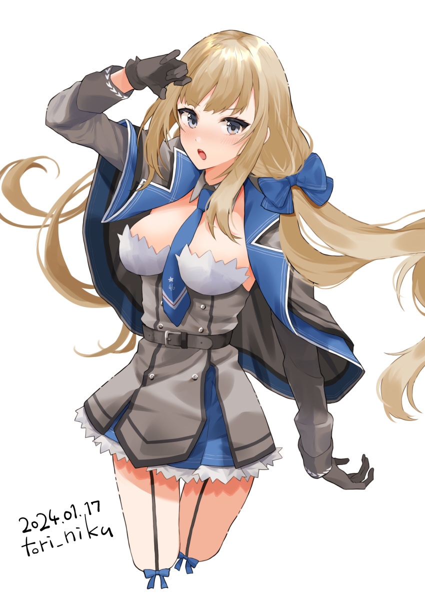1girl absurdres artist_name between_breasts black_gloves blue_bow blue_eyes blue_necktie bow breasts capelet cowboy_shot dated detached_collar dress garter_straps gloves grey_capelet grey_dress highres kantai_collection large_breasts light_brown_hair long_hair low_twintails maryland_(kancolle) multicolored_capelet necktie necktie_between_breasts one-hour_drawing_challenge pleated_dress shirt simple_background solo strapless strapless_dress toriniku_(tori_niku1998) twintails white_background white_shirt