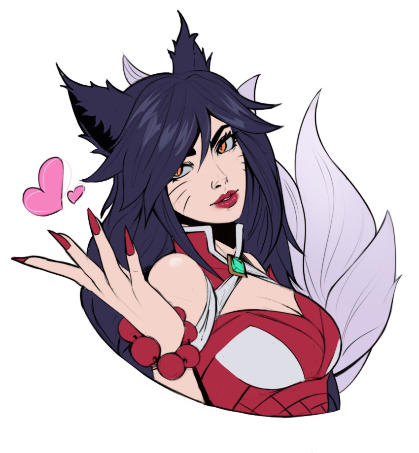 1girl ahri_(league_of_legends) animal_ears bead_bracelet beads black_hair bracelet breasts cleavage cropped_torso facial_mark fox_ears fox_tail gem grey_background hair_between_eyes heart highres jewelry kitsune kyuubi large_breasts league_of_legends long_hair max_(max5swell) multiple_tails orange_eyes red_lips simple_background smile solo tail whisker_markings