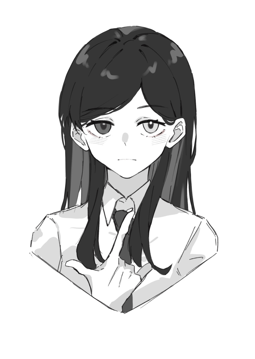 1girl absurdres blush character_request closed_mouth collared_shirt cropped_torso dafenpipixia greyscale hand_up heterochromia highres long_hair looking_at_viewer monochrome necktie pokemon pokemon_sv shirt simple_background solo upper_body white_background