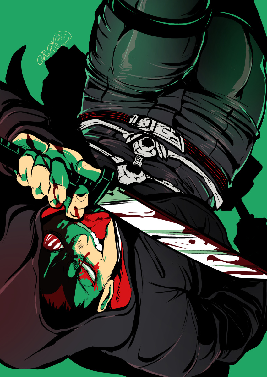 1boy absurdres bara black_hair blood blood_on_face climaxmukr dagger dorohedoro dual_wielding evil_smile eye_tattoo facial_mark fighting_stance hammer highres holding holding_hammer hood hood_up kai_(dorohedoro) knife large_pectorals licking licking_blade licking_weapon long_sleeves looking_at_viewer male_focus mismatched_pupils muscular muscular_male open_clothes pectorals short_hair smile solo thick_thighs thighs tongue tongue_out uneven_eyes upside-down weapon