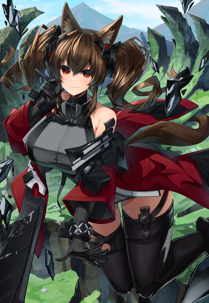 1girl absurdres alternate_breast_size angelina_(arknights) angelina_(endfield)_(arknights) animal_ear_fluff animal_ears arknights arknights:_endfield armpit_crease bare_shoulders black_gloves black_thighhighs breasts brown_hair day diamond-shaped_pupils diamond_(shape) earpiece floating_hair fox_ears fox_girl gloves grass grey_shirt hair_intakes headgear highres infection_monitor_(arknights) jacket jumping large_breasts long_sleeves looking_at_viewer mountain nanamilem open_clothes open_jacket originium_(arknights) outdoors red_eyes red_jacket shirt sidelocks smile solo symbol-shaped_pupils thighhighs turtleneck twintails v wide_sleeves zettai_ryouiki