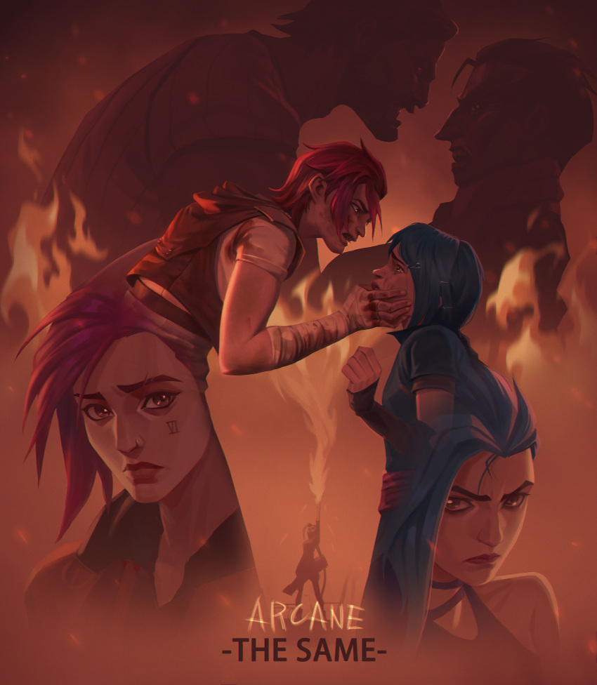 2boys 2girls absurdres aged_down angry arcane:_league_of_legends arcane_jinx arcane_vi arm_wrap asymmetrical_hair bandaged_arm bandaged_hand bandages beard betrayal black_sclera blood blood_on_clothes blood_on_face blue_hair brothers brown_hair brown_shirt child chinese_commentary closed_mouth colored_sclera commentary copyright_name crying eyebrow_cut facial_hair facial_tattoo father_and_daughter fire flare full_beard gloves hair_ornament hair_slicked_back hairclip highres holding holding_another's_head jacket jinx_(league_of_legends) league_of_legends long_hair looking_at_viewer multiple_boys multiple_girls nose_piercing piercing pink_hair powder_(arcane) red_jacket sad scar scar_across_eye scar_on_face shirt short_hair siblings sidecut silco_(arcane) silhouette sisters strangling tattoo tearing_up tears teeth title_page undercut vander_(arcane) vi_(league_of_legends) wrist_wrap yyc992