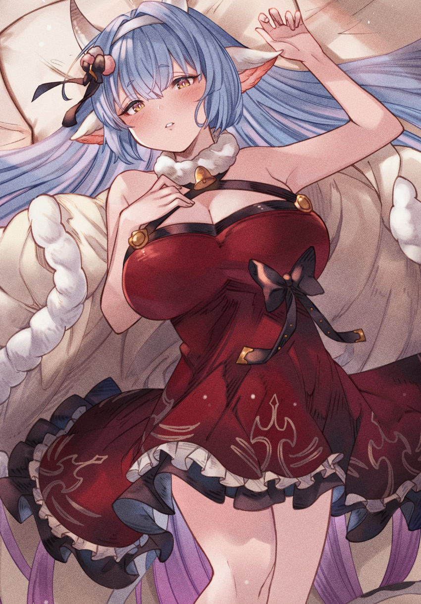 1girl animal_ears ayacho bare_shoulders bell blue_hair blush breasts catura_(granblue_fantasy) cleavage cow_ears draph dress frilled_dress frills granblue_fantasy highres large_breasts long_hair looking_at_viewer lying neck_bell on_back parted_lips thighs