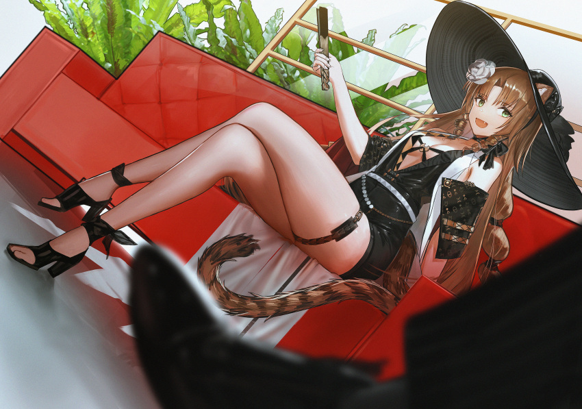 1girl :d absurdres animal_ears arknights bare_shoulders black_bow black_dress black_footwear black_headwear bow breasts brown_hair center_opening cleavage commentary_request couch crossed_legs dress drill_hair drill_sidelocks dutch_angle ears_through_headwear fang flower folded_fan folding_fan full_body ganet_p green_eyes hand_fan hand_up hat hat_bow highres holding holding_fan long_hair looking_at_viewer on_couch open_mouth sidelocks sleeveless sleeveless_dress smile solo swire_(arknights) swire_the_elegant_wit_(arknights) tail thigh_strap tiger_ears tiger_girl tiger_tail white_flower