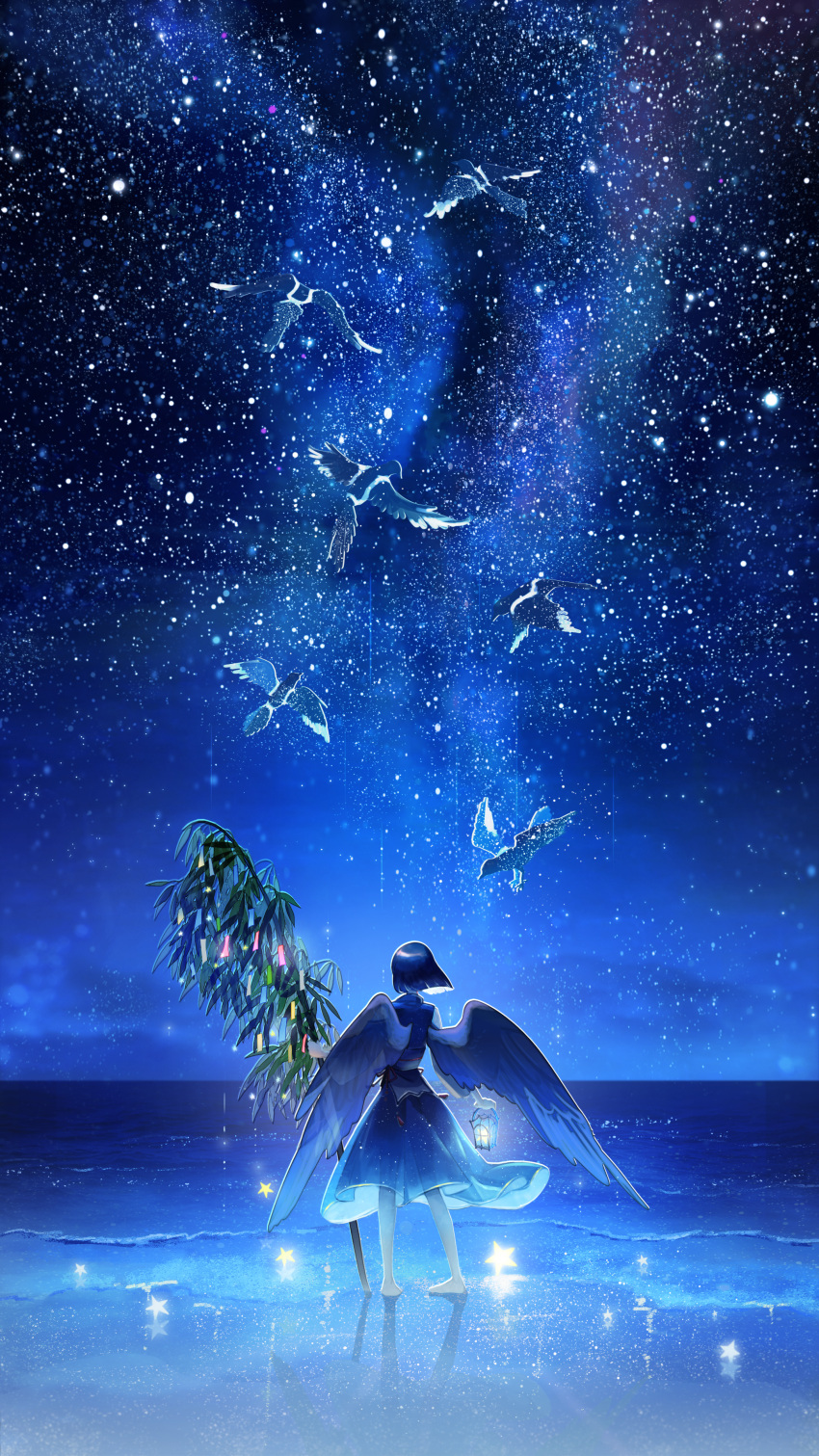 1girl absurdres bamboo barefoot beach bird blue_dress blue_theme blue_wings dress facing_away highres holding holding_lantern lantern magpie night ocean original qixi_festival sabaumako short_hair sky solo standing star_(sky) star_(symbol) starry_sky tanabata wings