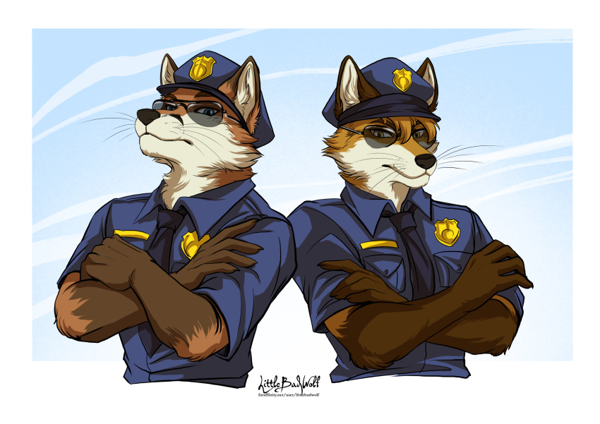 absurd_res anthro back_to_back badge biggoodwolf black_nose blue_clothing blue_eyes blue_shirt blue_topwear canid canine cheek_tuft clothed clothing collared_shirt crossed_arms dipstick_arms dipstick_ears dress_shirt duo ears_up eyewear facial_tuft fluffy_arms fox fur glasses hi_res jakkals_van_der_bergh_(doppelfoxx) littlebadwolf male male/male mammal multicolored_ears neck_tuft necktie orange_body orange_eyes orange_fur police police_badge police_hat police_officer police_uniform scott_(scottthefox94) shirt shoulder_to_shoulder signature simple_background sky sunglasses topwear tuft uniform whiskers white_background yellow_eyes