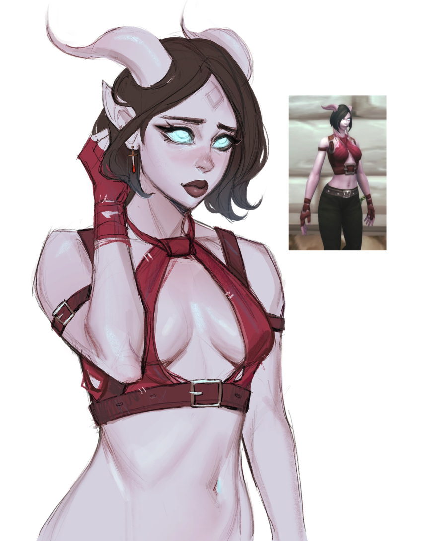 1girl bare_shoulders black_hair breasts cowboy_shot cross cross_earrings draenei earrings fingerless_gloves gloves highres jewelry medium_breasts navel parted_bangs red_gloves shiny_skin short_hair simple_background warcraft world_of_warcraft ykshelter