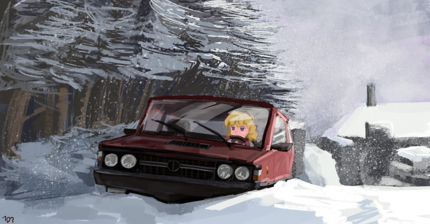 1girl absurdres alice_margatroid blonde_hair blue_eyes car danlamdae driving hairband highres motor_vehicle outdoors pine_tree red_hairband snow snowing solo steering_wheel touhou tree winter