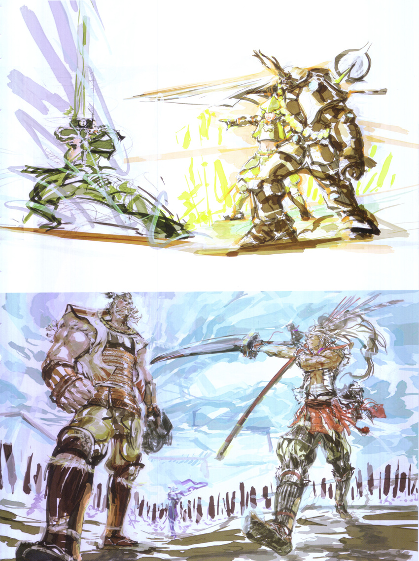 absurdres armor highres honda_tadakatsu_(sengoku_basara) maeda_keiji male_focus multiple_boys sengoku_basara shimazu_yoshihiro sword tokugawa_ieyasu_(sengoku_basara) toyotomi_hideyoshi_(sengoku_basara) tsuchibayashi_makoto weapon