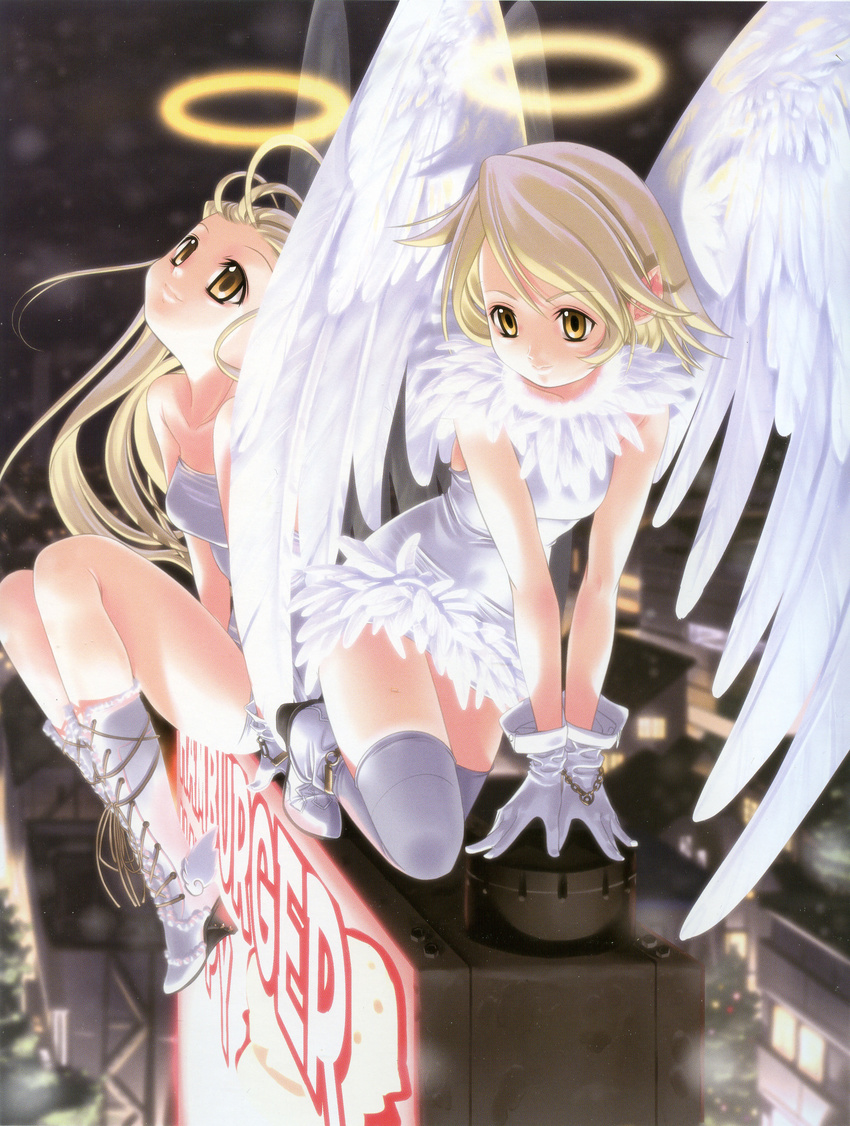 absurdres angel blonde_hair boots copyright_request dress gloves halo highres multiple_girls non-web_source scan sumomo_kpa thighhighs white wings yellow_eyes zettai_ryouiki