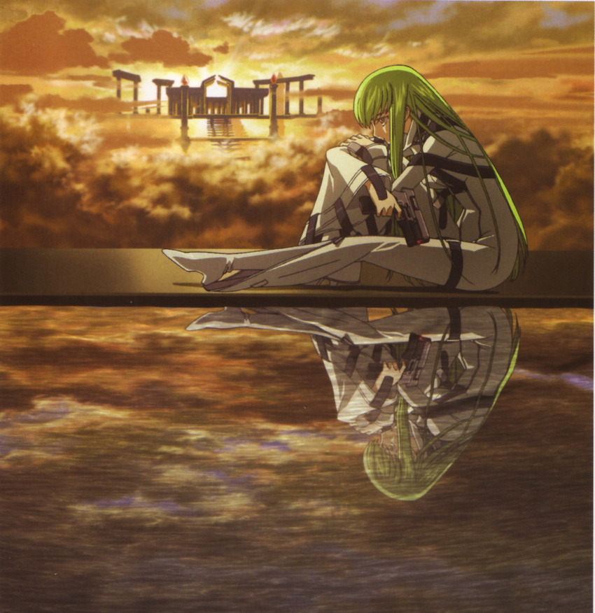 artist_request boots c.c. cloud code_geass green_hair gun handgun high_heels highres long_hair reflection shoes solo straitjacket water weapon yellow_eyes