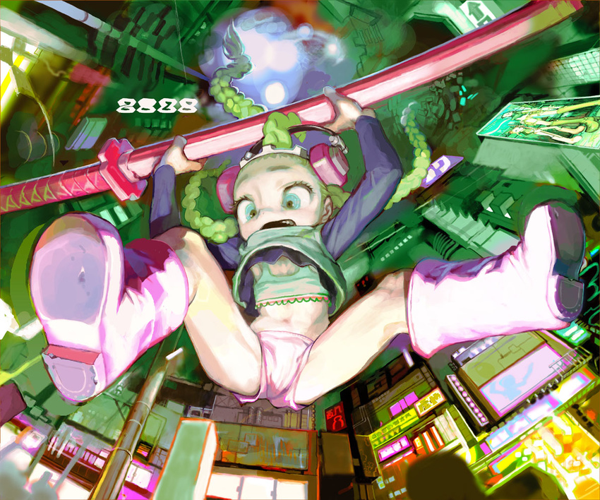 braid falling green_eyes green_hair headphones kawaguchi_youhei original solo sword weapon