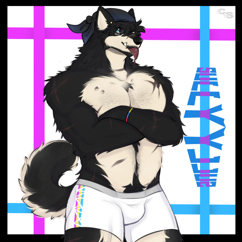 absurd_res anthro arm_scar bandanna beard black_body black_fur black_hair blue_eyes body_hair boxers_(clothing) bracelet bulge bullet_wound canid canine canis cerberussenn chest_hair chest_scar chest_tuft clothing curled_tail domestic_dog ear_piercing facial_hair facial_scar fluffy fluffy_hair fur hair happy_trail hi_res huge_filesize husky jewelry kerchief leg_scar male mammal musclegut muscular muscular_male mustache neck_scar nordic_sled_dog one_eye_closed piercing pubes scar scars_all_over signature snaggle_tooth solo spitz sully_rizal_(cerberussenn) tail tan_body tan_fur thick_thighs tongue tongue_out tongue_piercing tuft underwear wink x_scar