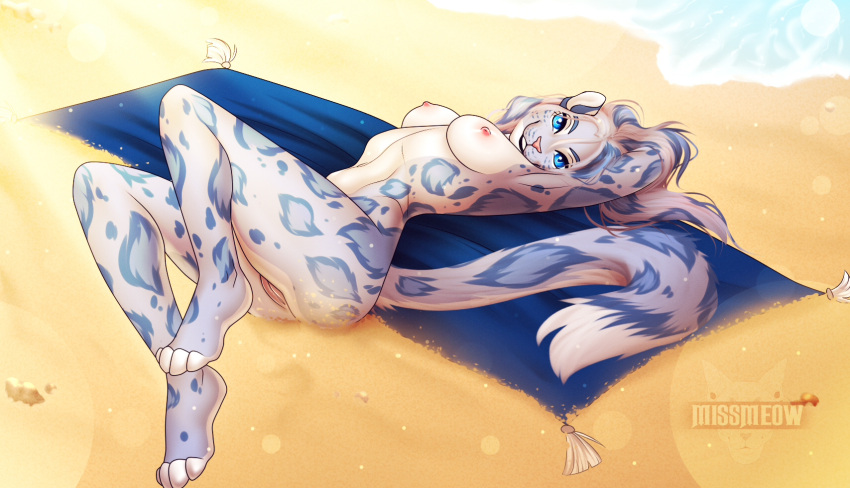 4_toes anthro beach beach_blanket bethesda_softworks blue_body blue_clothing blue_eyes blue_hair blue_spots breasts catherinemeow chest_tuft clothing feet felid feline female fur genitals grey_body grey_fur hair hi_res khajiit leopard long_hair looking_at_viewer lying mammal markings nipples nude on_back pantherine pussy sand seaside simple_background smile snow_leopard solo spots spotted_body spotted_fur tail the_elder_scrolls toes tuft white_body white_fur