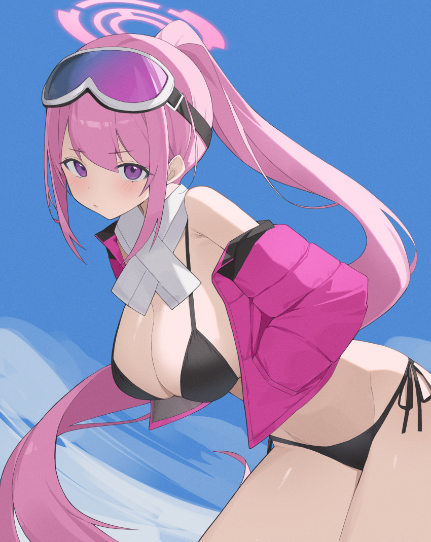 1girl absurdres bare_shoulders bikini black_bikini blue_archive blue_sky breasts closed_mouth commentary_request eimi_(blue_archive) eimi_(swimsuit)_(blue_archive) goggles goggles_on_head halo hands_in_pockets highres jacket large_breasts leaning_forward long_hair looking_at_viewer off_shoulder official_alternate_costume okappa_(bobbed001) open_clothes open_jacket outdoors pink_hair pink_halo pink_jacket ponytail purple_eyes scarf side-tie_bikini_bottom sidelocks ski_goggles sky solo swimsuit very_long_hair white_scarf
