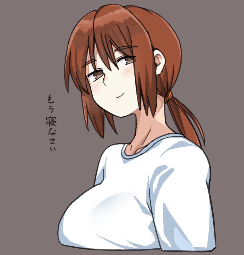 1girl blush breasts brown_eyes brown_hair closed_mouth highres holly_(monster_farm) large_breasts long_hair looking_at_viewer monster_farm simple_background smile solo yugami_gooshu