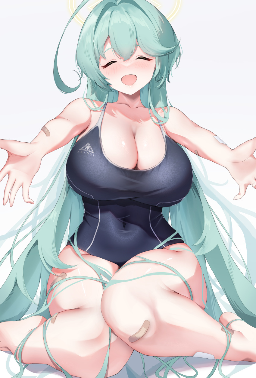 1girl :d ^_^ absurdres ahoge aqua_hair bandaid bandaid_on_arm bandaid_on_knee bandaid_on_leg black_one-piece_swimsuit blue_archive breasts cleavage closed_eyes collarbone commentary_request covered_navel enoha gradient_background grey_background halo highres huge_breasts long_hair one-piece_swimsuit open_mouth sitting smile solo swimsuit thighs very_long_hair yellow_halo yume_(blue_archive)