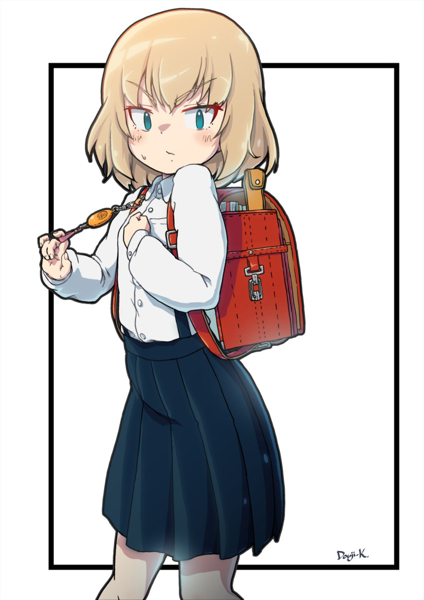 1girl absurdres aqua_eyes artist_name backpack bag black_border black_skirt blonde_hair blue_eyes book border collared_shirt crime_prevention_buzzer_threat girls_und_panzer highres katyusha_(girls_und_panzer) kuroneko_douji long_sleeves looking_at_viewer randoseru red_bag school_uniform shirt skirt socks standing sweat white_background white_border white_footwear white_shirt white_socks